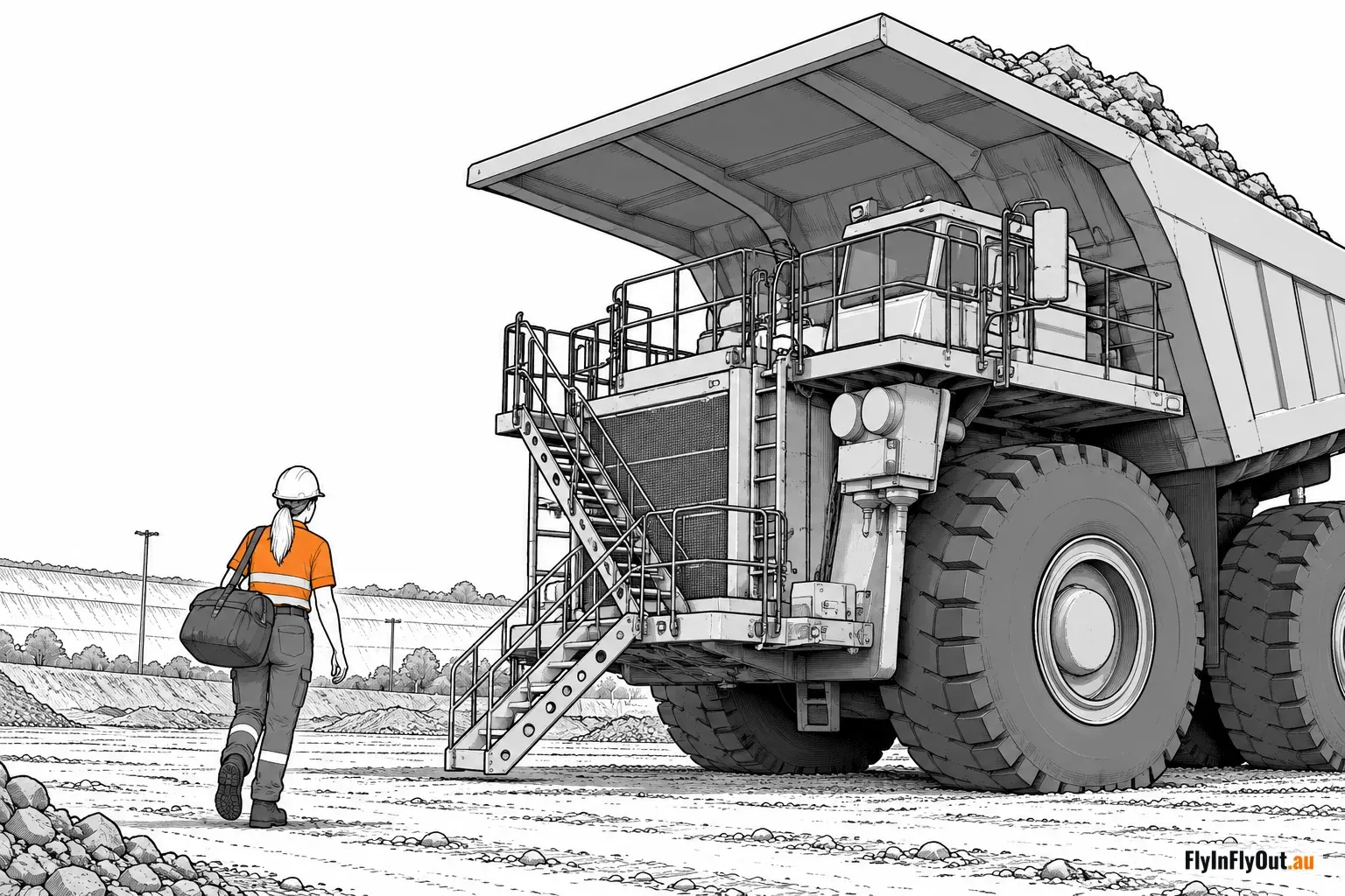 A woman in hi-vis walks across an open pit towards the stairs of a haul truck, bag in hand