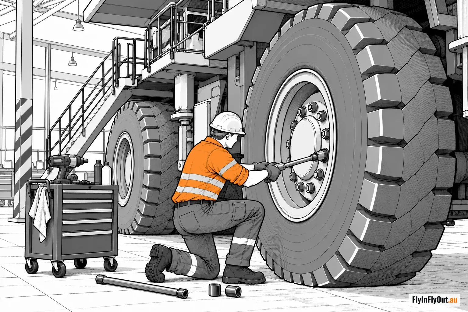 A woman in hi-vis on one knee tightening wheel nuts on a haul truck in a workshop