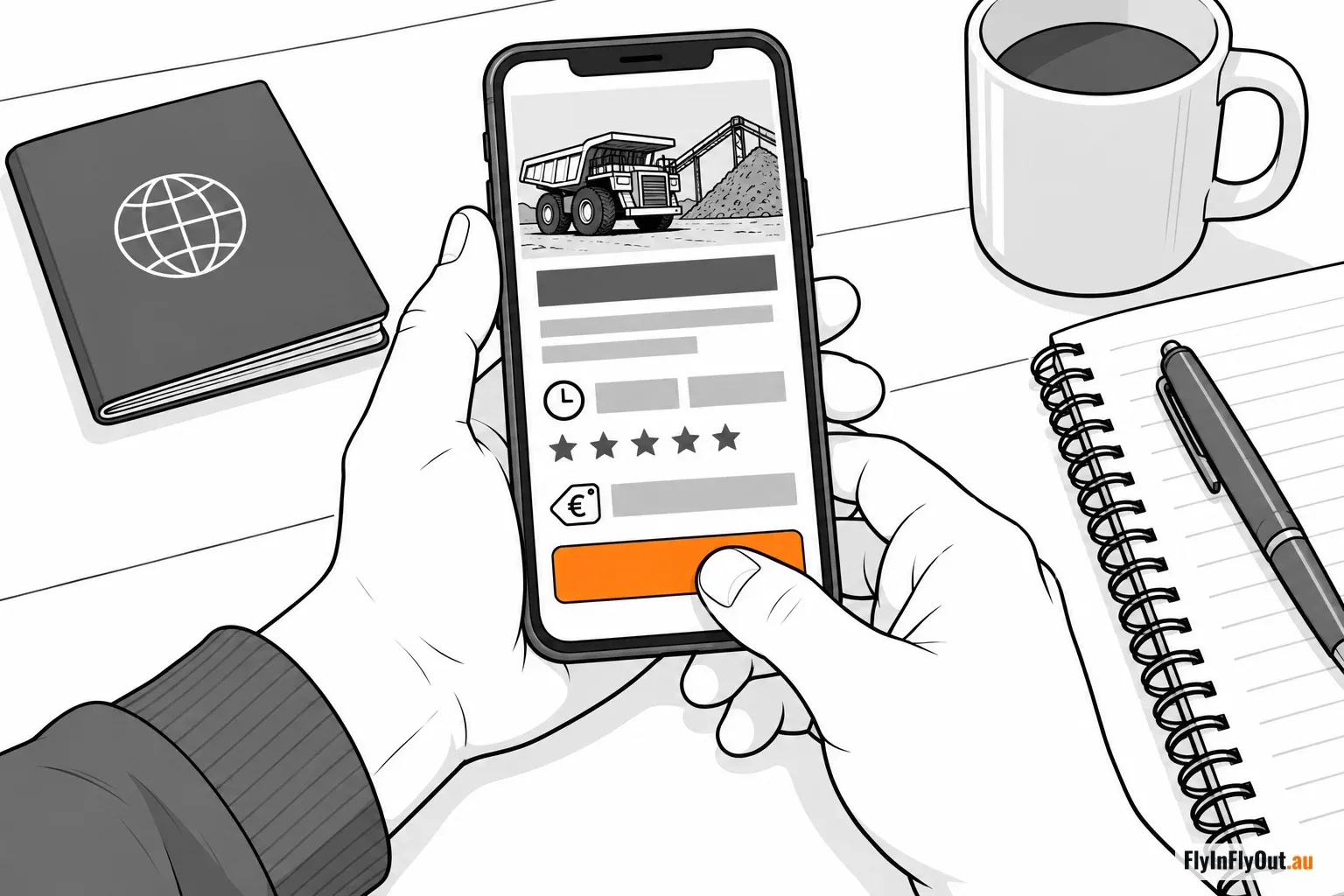 Hands holding a phone showing a mining job ad with a countdown timer, five-star reviews, a price tag in euros and a bright orange button