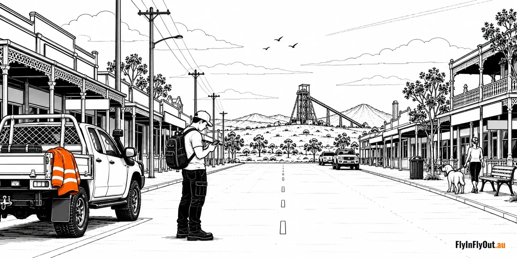 A young man with a backpack checking his phone in the middle of a wide main street in a gold-mining town, verandahed pubs either side and a headframe at the end of the road