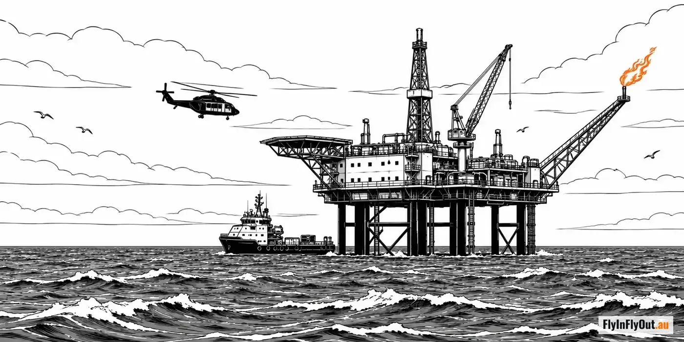 An offshore oil and gas platform at sea with a flare burning, a supply boat alongside and a helicopter flying in over the swell