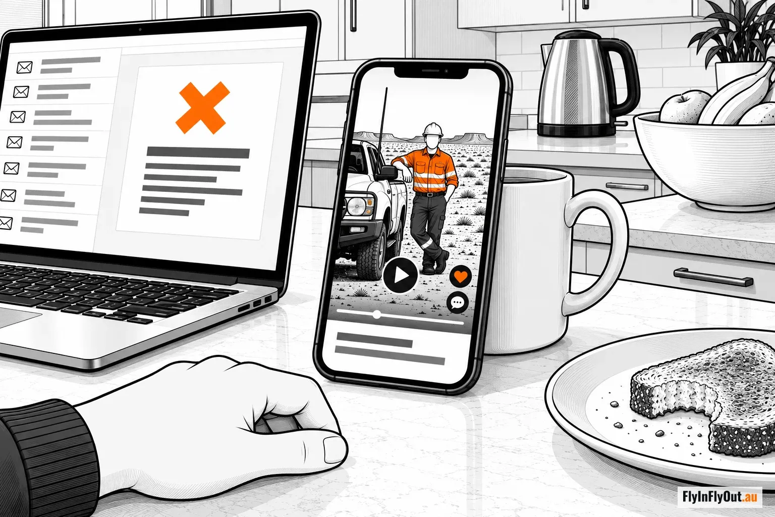 A kitchen bench at breakfast: a phone propped against a mug playing a video of a worker in orange hi-vis beside a mine ute, and a laptop open to an email with a cross on it, a half-eaten slice of toast on a plate