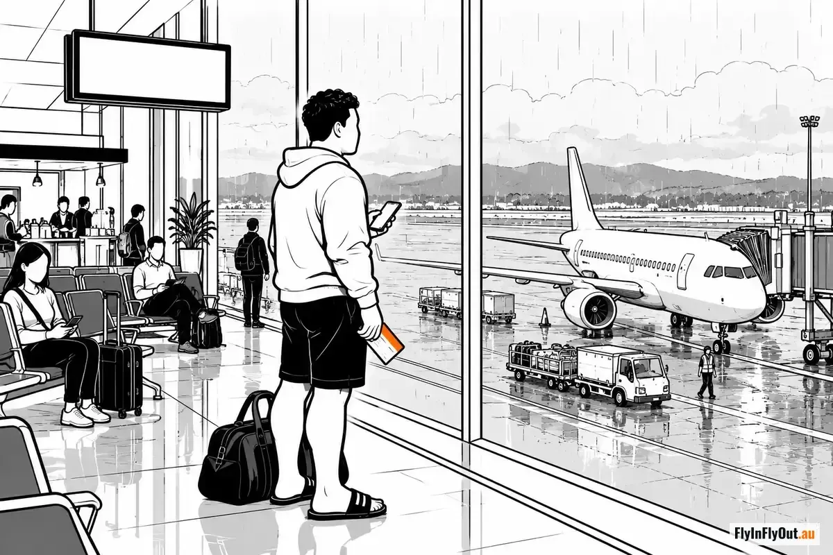 A young man in a hoodie, shorts and slides stands at a rainy airport window with one bag, a boarding pass in his hand and a plane at the gate