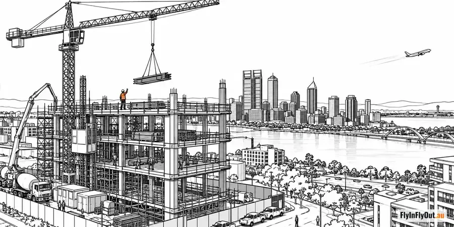 A tower crane lifting steel on a city building site, with the Perth skyline and the river behind and a plane climbing out