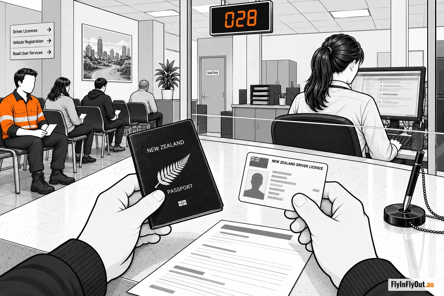 Hands holding a New Zealand passport and a New Zealand driver licence at a transport office counter, with the officer at her computer behind the glass, people waiting on chairs and queue number 028 on the screen above