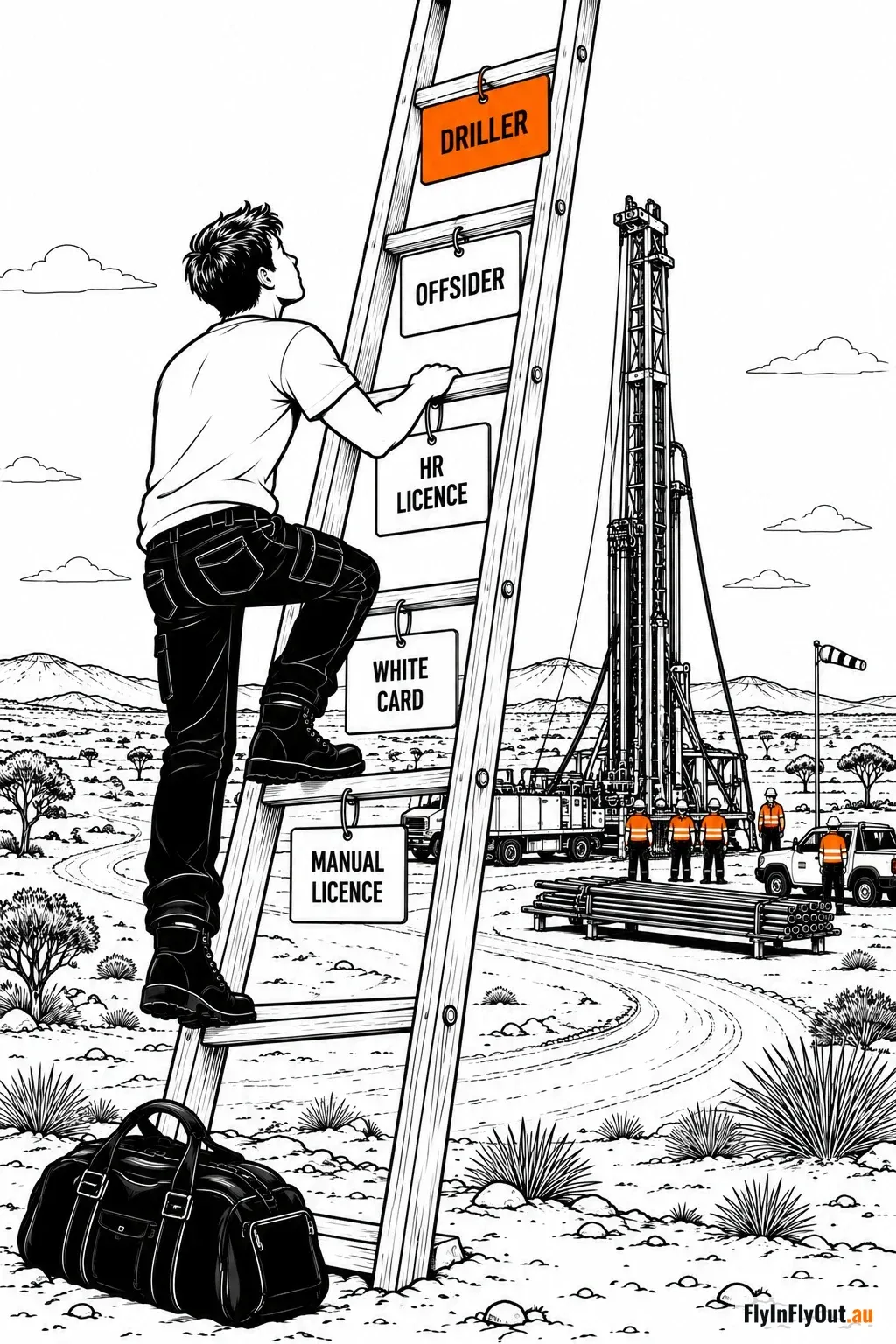 A young man with a bag at his feet climbs a ladder whose rungs are tagged manual licence, White Card, HR licence, offsider, and at the top, in orange, driller