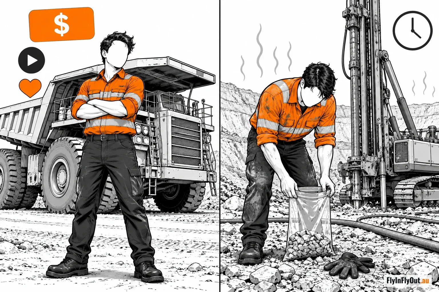 Two panels: on the left a worker with arms folded in front of a haul truck under a dollar sign and a play button; on the right the same man bent over bagging a drill sample beside a rig in the heat, a clock in the corner