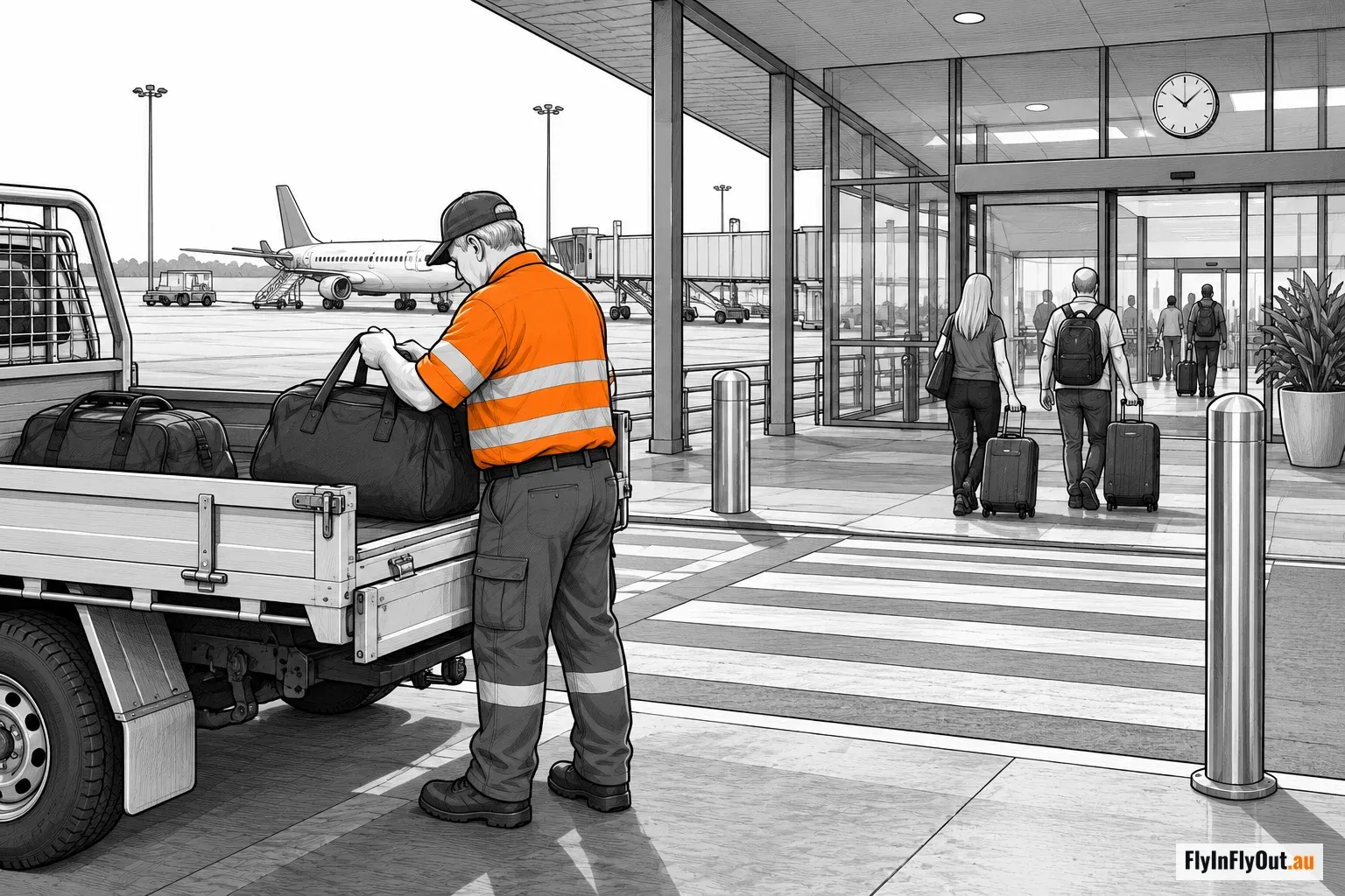A worker in hi-vis lifts a bag from the back of a ute at the Perth Airport terminal