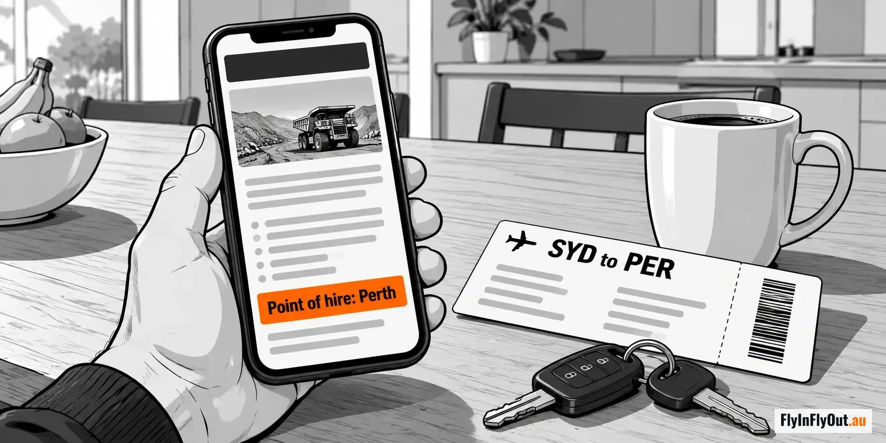 A hand holding a phone showing a mining job ad marked Point of hire: Perth, beside a boarding pass for Sydney to Perth, car keys and a coffee on a kitchen table