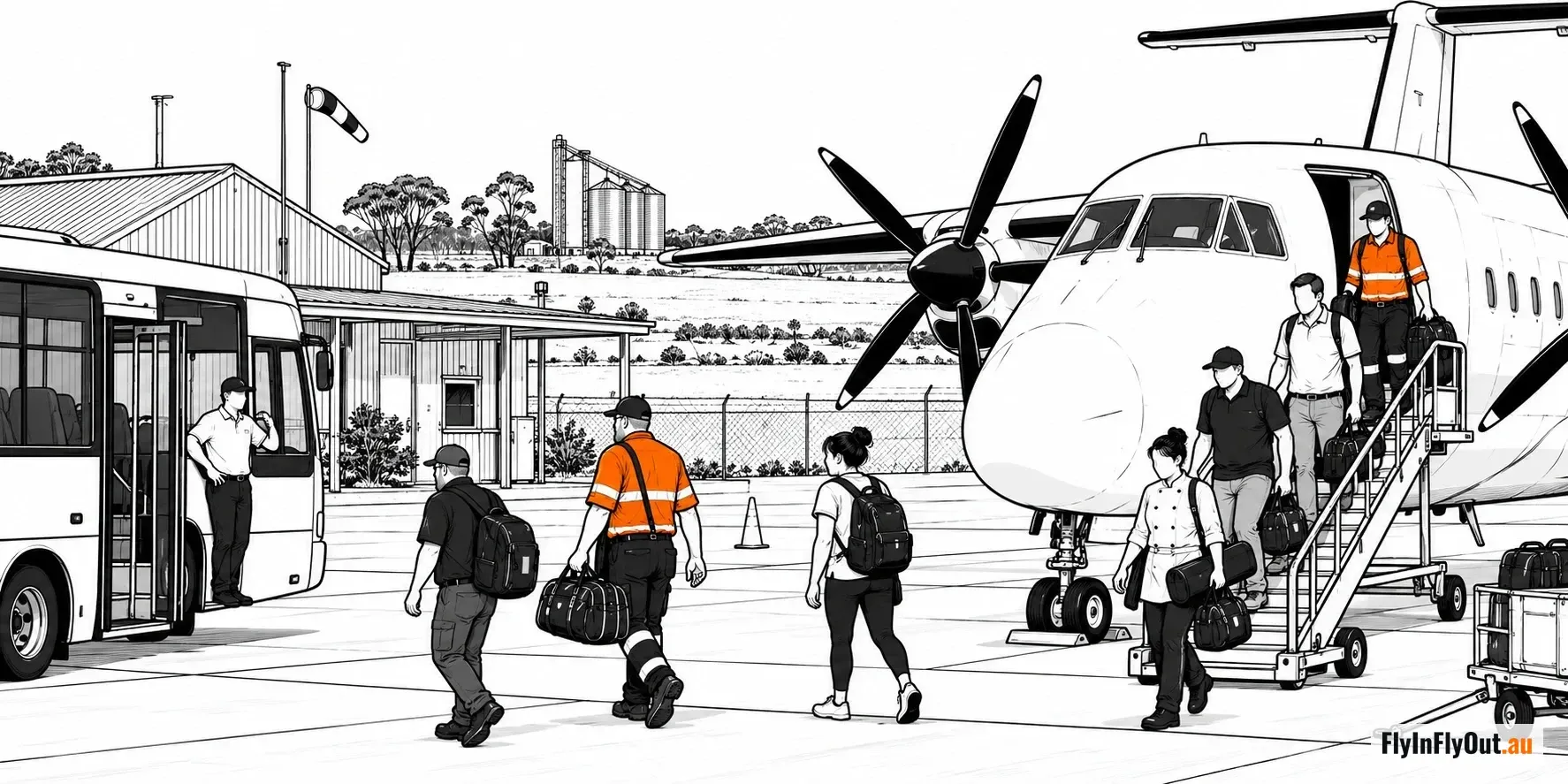 Workers in hi-vis and a chef in whites coming down the stairs of a turboprop at a regional airstrip and walking to a waiting bus, grain silos and paddocks behind