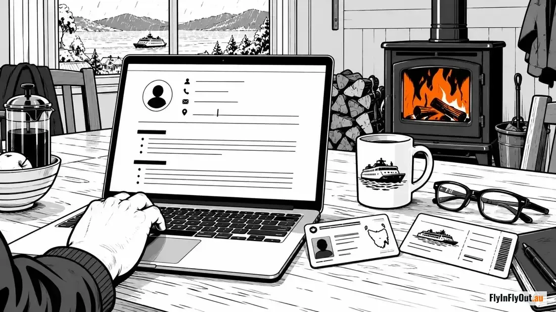 A kitchen table by a wood fire with a laptop open on a resume, a Tasmanian driver's licence and a ferry ticket beside it, and rain over the river and hills through the window