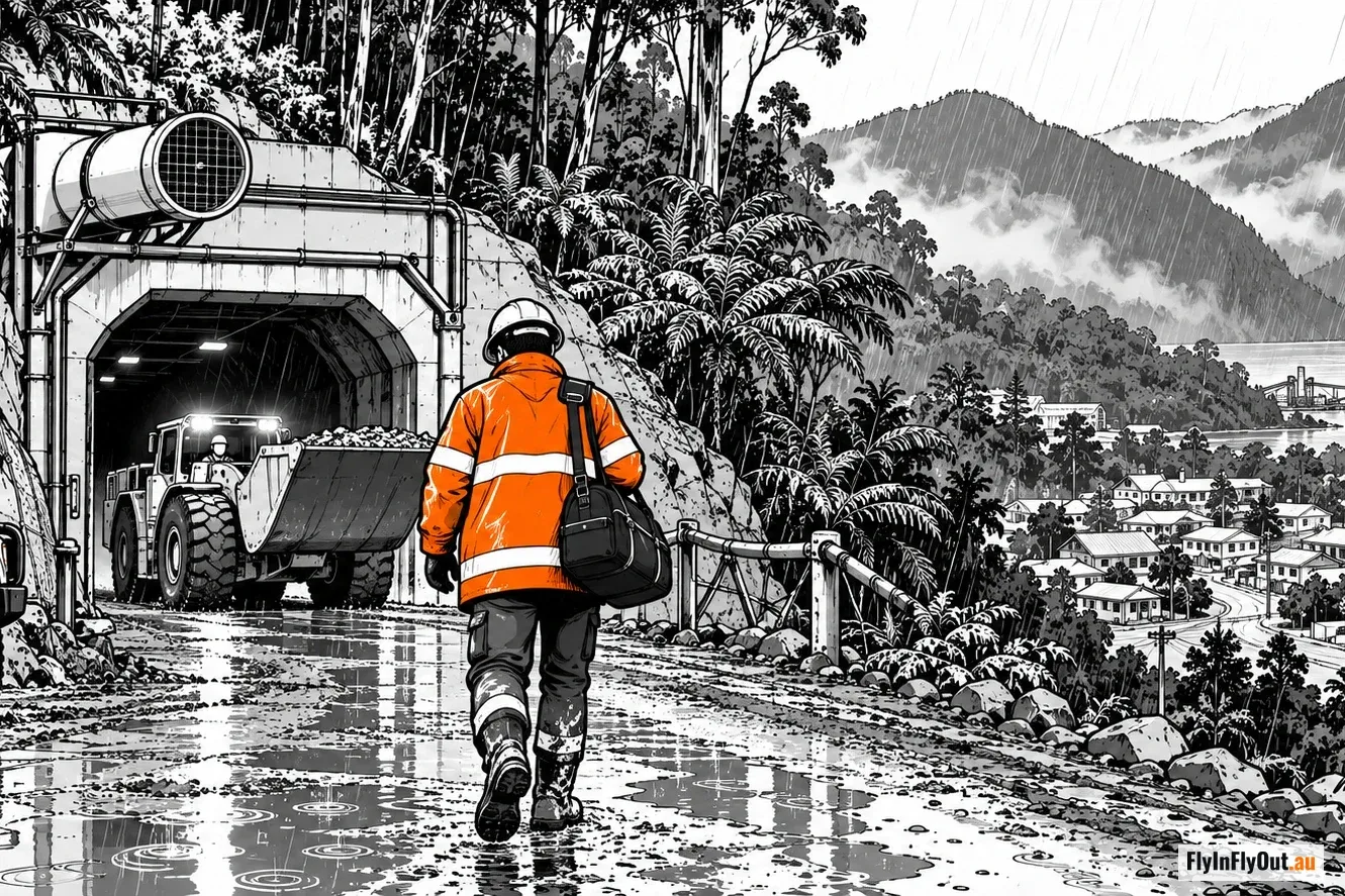 A worker in orange wet-weather hi-vis walks away from an underground mine portal in the rain, a loader coming out behind him, with a small West Coast town, a harbour and misty hills below