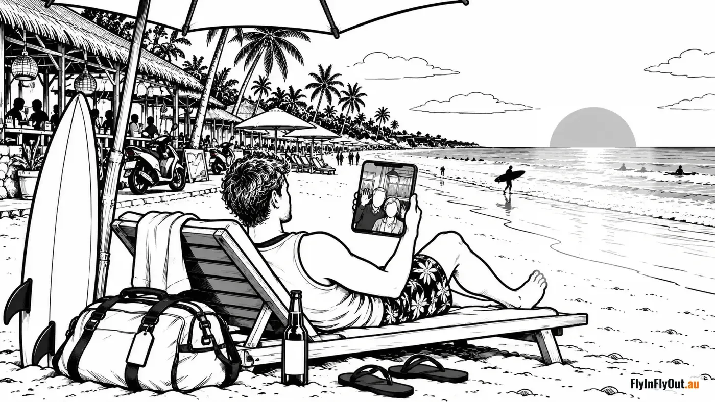 A man on a sun lounger on a Bali beach at sunset, surfboard and bag beside him, video-calling his parents on a tablet