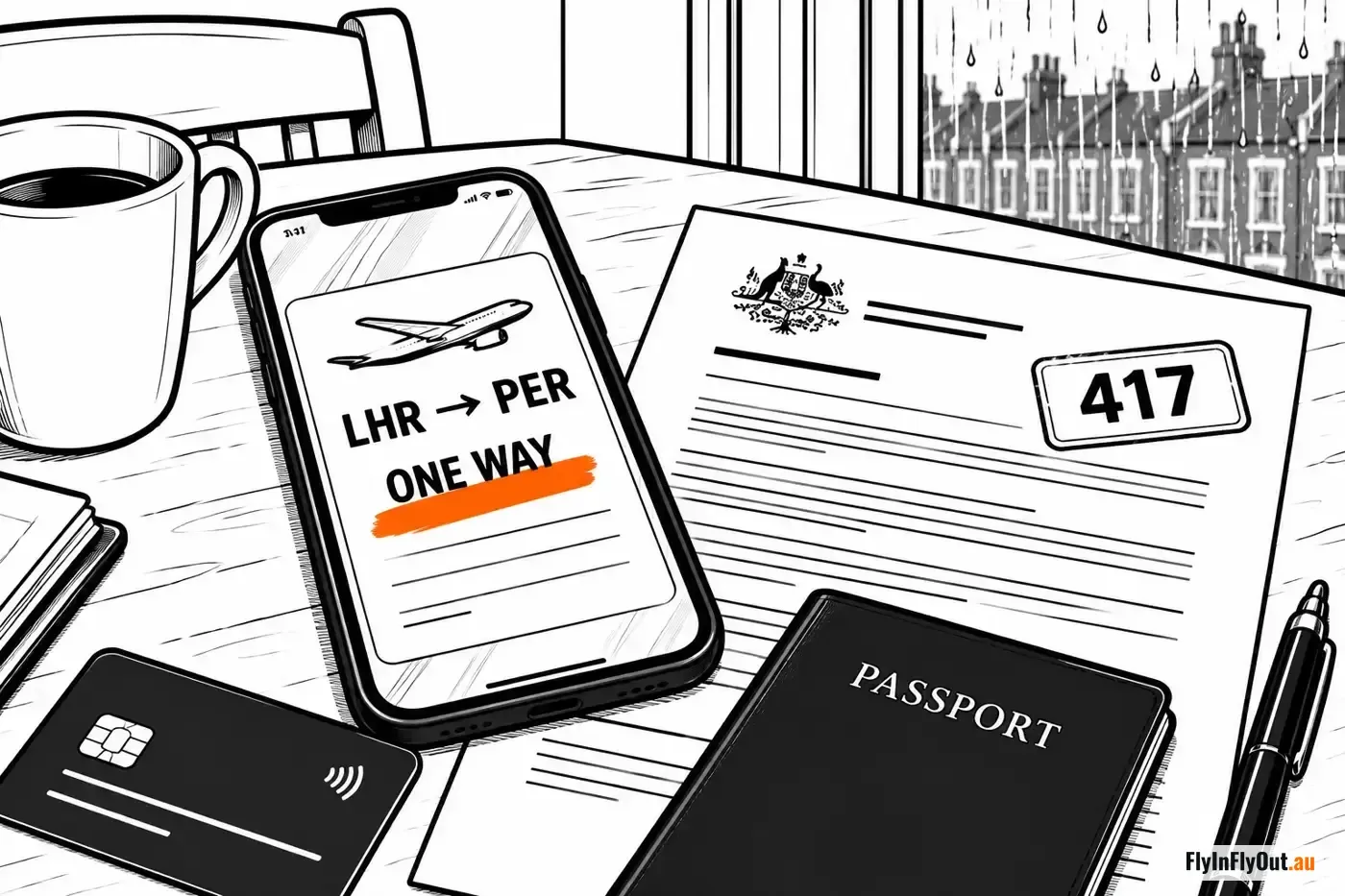 A kitchen table with a phone showing a one-way London to Perth flight, a subclass 417 visa grant letter, a passport, a bank card and a coffee, rain on the terraces outside