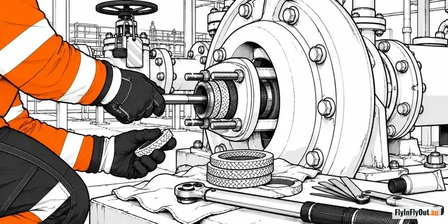 A fitter's gloved hands feeding a ring of braided gland packing onto a pump shaft at the stuffing box, with spare packing rings, a torque wrench and feeler gauges laid out on a rag beside the pump
