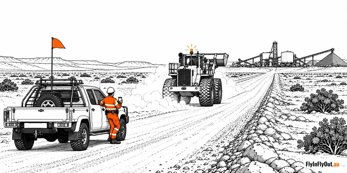 A fitter with a cup of tea leaning on a flag-topped ute on a mine haul road, waiting while a loader comes through in a cloud of dust, with the processing plant on the skyline
