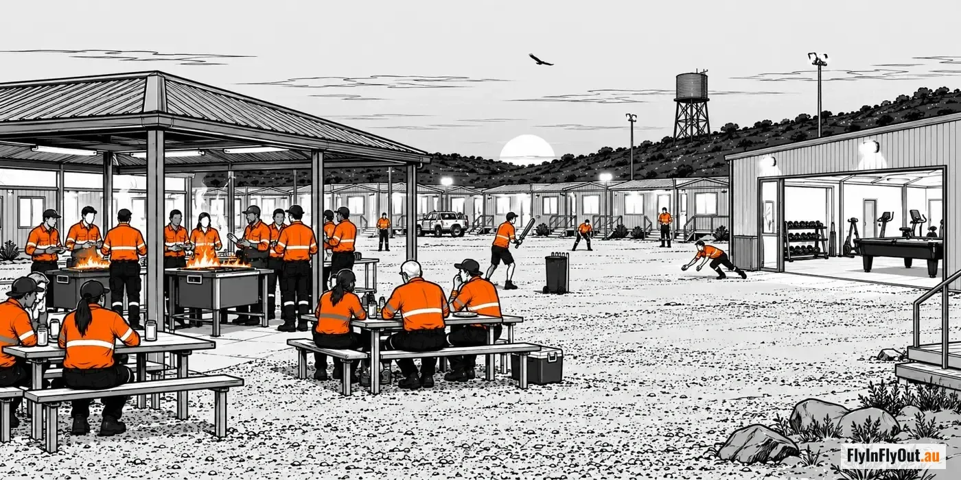 A camp barbecue at sunset: crews in hi-vis at the grills and the picnic tables, a game of cricket on the gravel, the gym and pool table lit in the shed behind