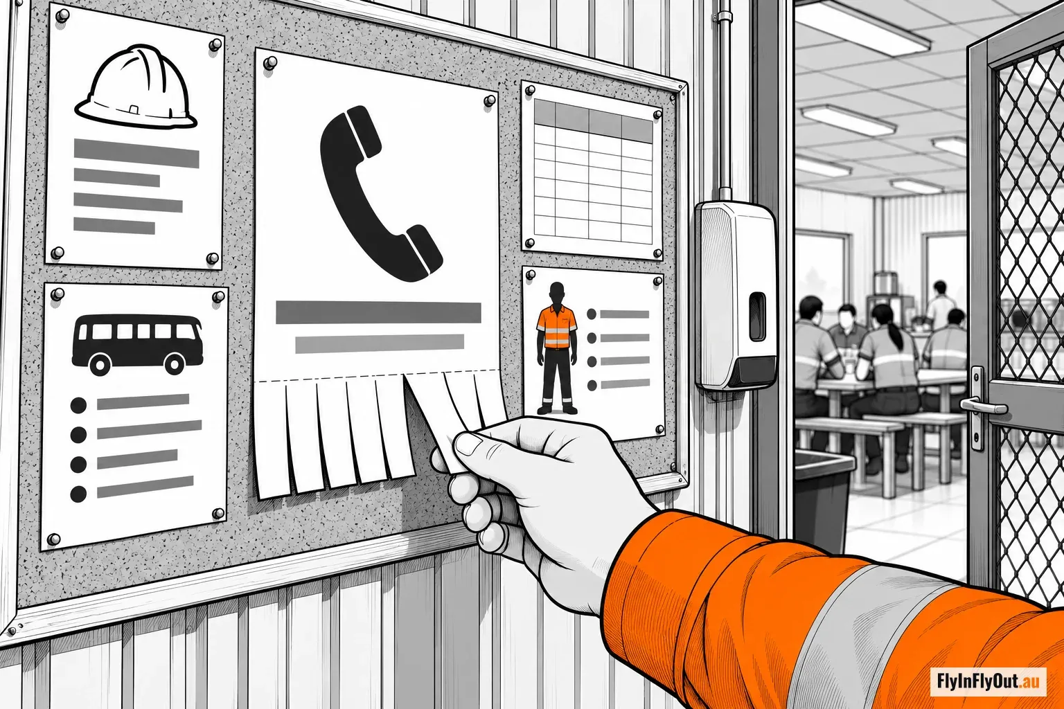 A hand in a hi-vis sleeve tearing a phone number tab off a notice on the camp noticeboard, next to the roster, the bus timetable and the safety notices, the mess doorway open beside it