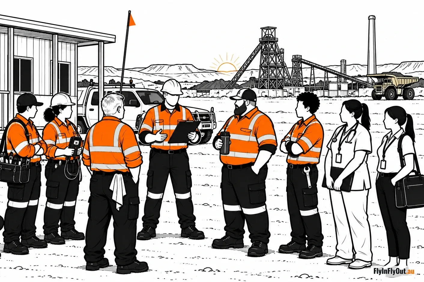 A mixed crew at a prestart outside a site office at dawn: an electrician with a tool bag, a supervisor with a clipboard, an operator with a coffee, a nurse and an administrator, with a headframe and a haul truck behind