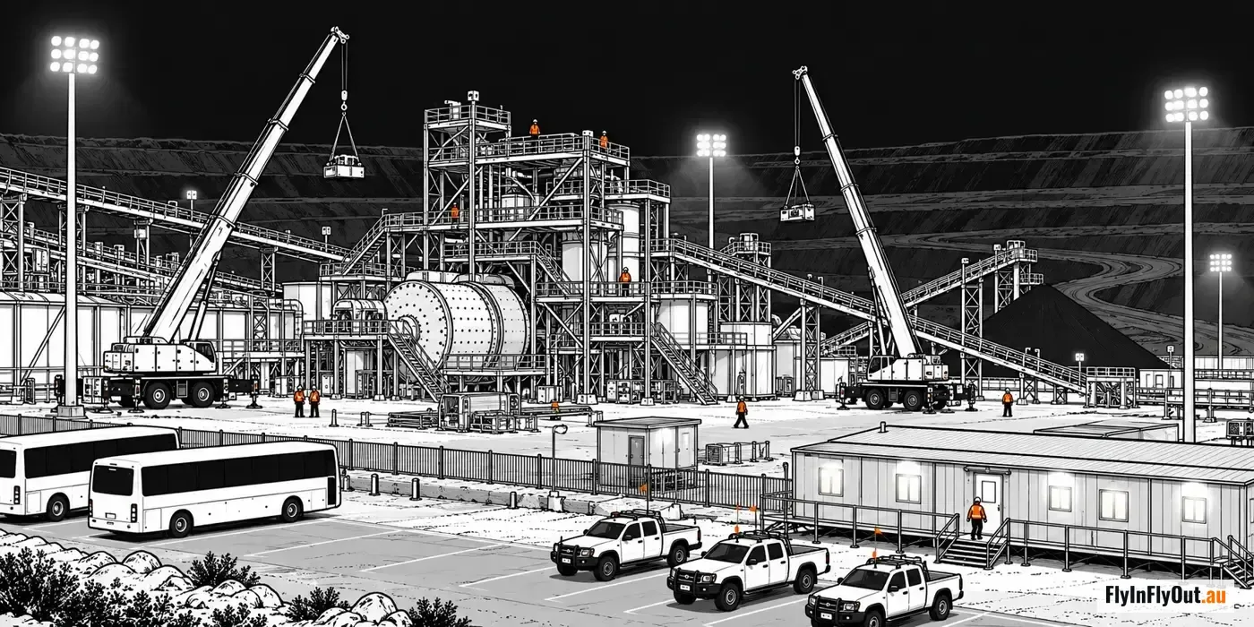 A processing plant under floodlights at night, two cranes lifting components, workers in hi-vis on the walkways, buses and utes in the car park and a lit site office in front
