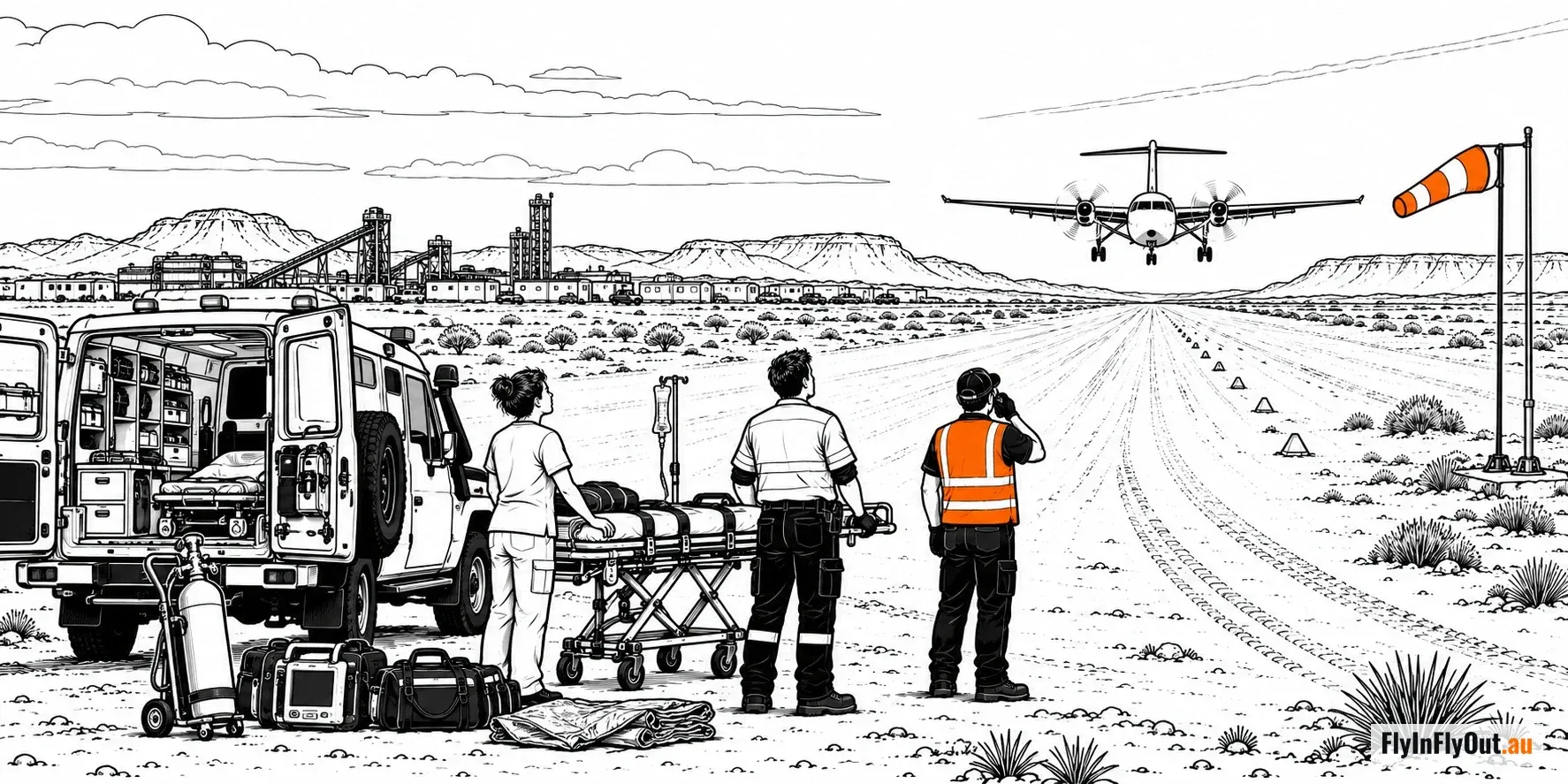 A nurse in scrubs, a medic and a worker in hi-vis stand beside an open site ambulance and a stretcher, watching a Flying Doctor plane come in to land on a dirt airstrip
