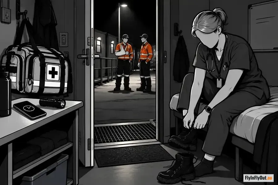 A nurse in dark scrubs sits on the bed in her donga at night lacing her boots, trauma bag by the door, two workers in hi-vis waiting outside, one holding his arm
