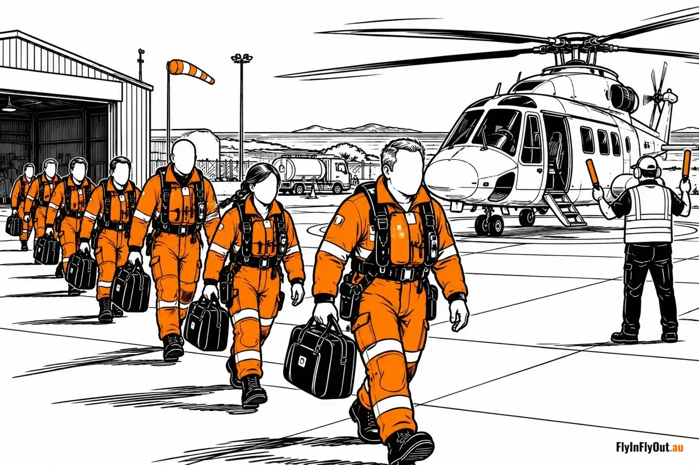 A crew in orange survival suits with life jackets and kit bags walking across a heliport apron towards a waiting helicopter, a windsock and hangar behind them
