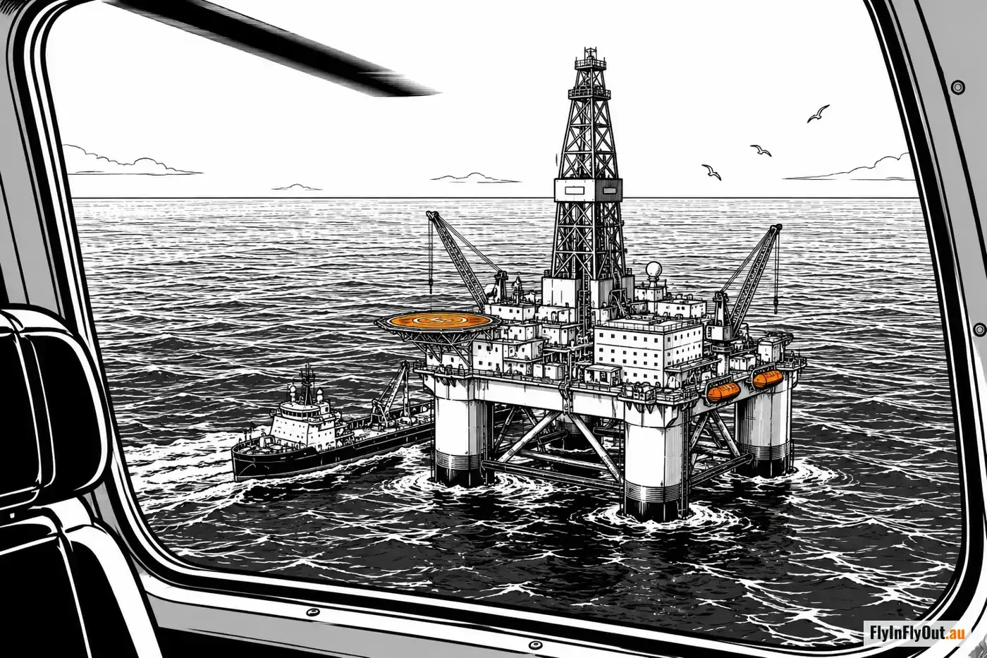 A semi-submersible drilling rig at sea seen through a helicopter window, with a supply vessel alongside, a helideck on one corner and orange lifeboats on the other