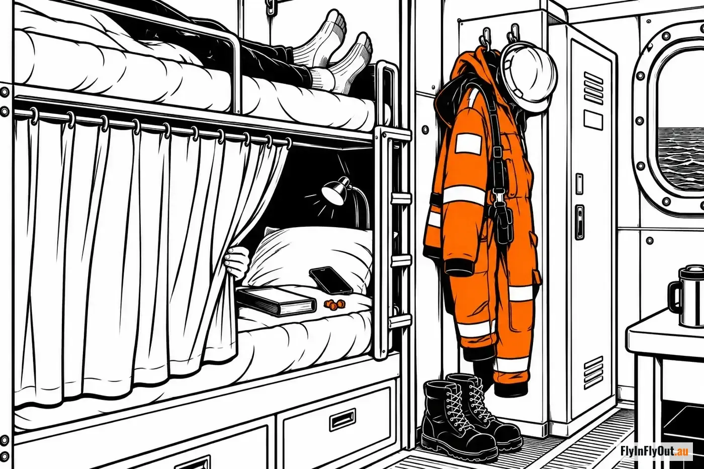 A shared cabin on a rig: a curtained lower bunk with a book, phone and earplugs on the pillow, feet in socks on the top bunk, an orange survival suit and helmet hanging by the locker, boots on the floor and a porthole showing the sea