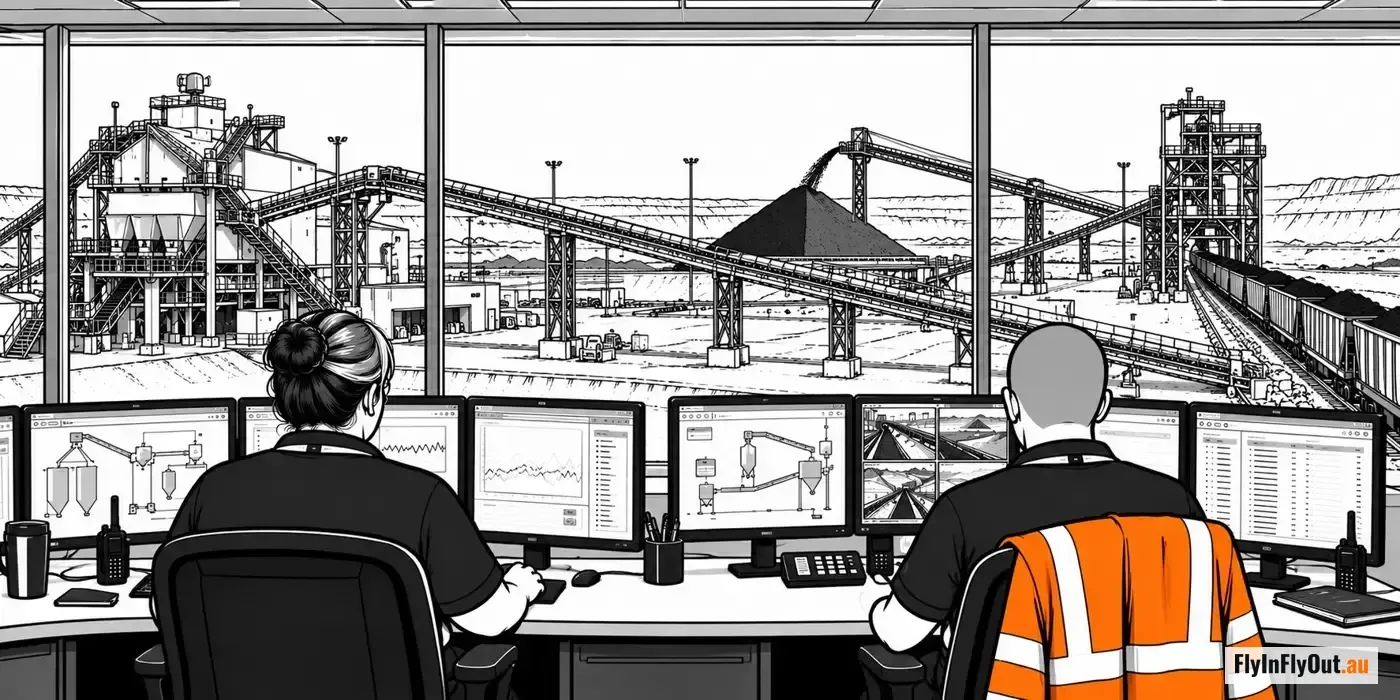 Two operators at a control room desk, six screens of plant diagrams and camera feeds, the crusher, conveyors and a loading train through the window
