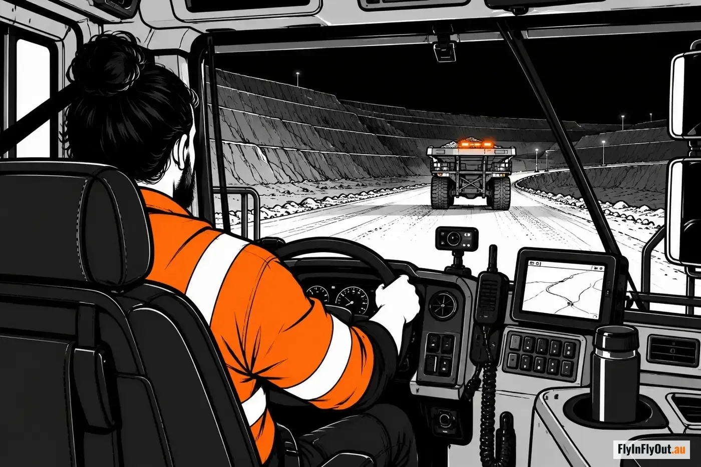 A haul truck operator in orange hi-vis at the wheel at night, a loaded haul truck ahead on the pit ramp, the two-way, the screen and a thermos on the dash