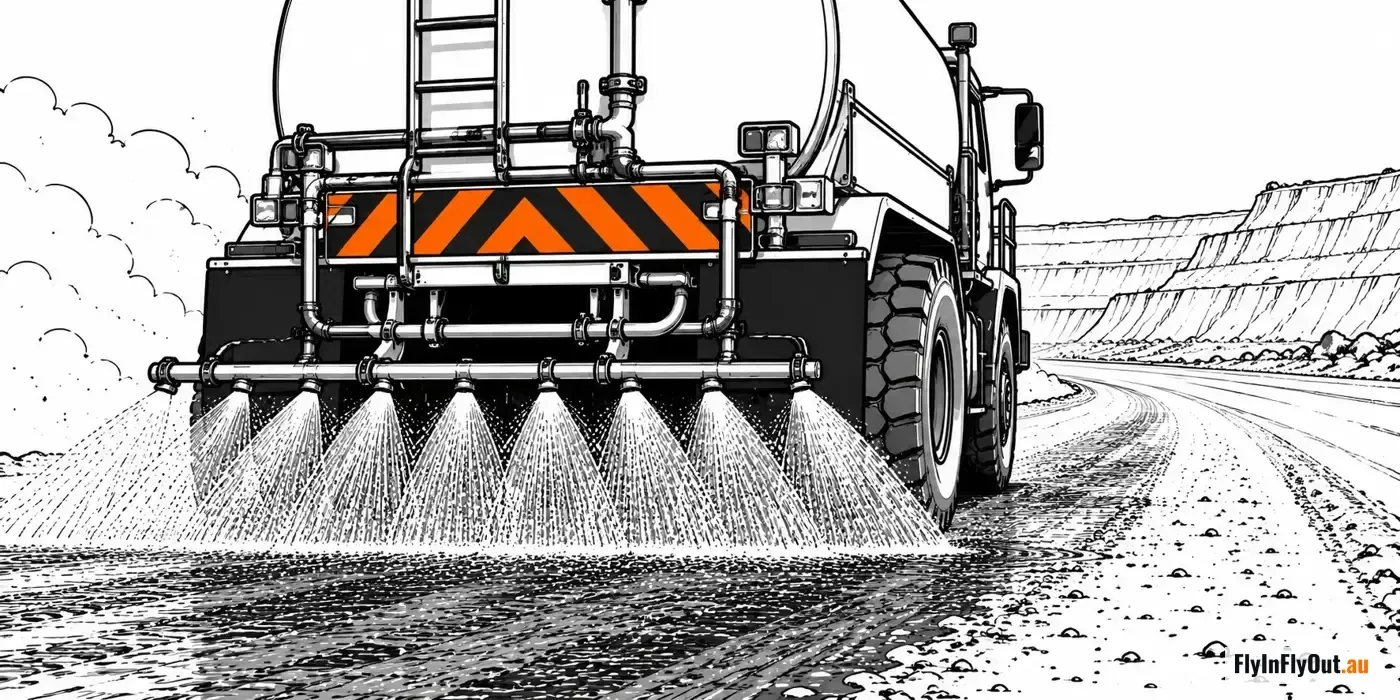 The back of a water cart on a mine haul road, eight spray nozzles wetting the dust, the pit wall behind