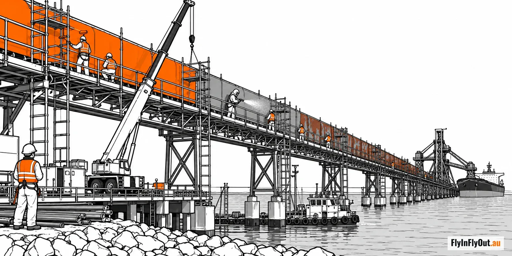 Workers on scaffolding along a long conveyor jetty over the water, blasting and coating the steel, with a crane, a tug and a ship at the far end