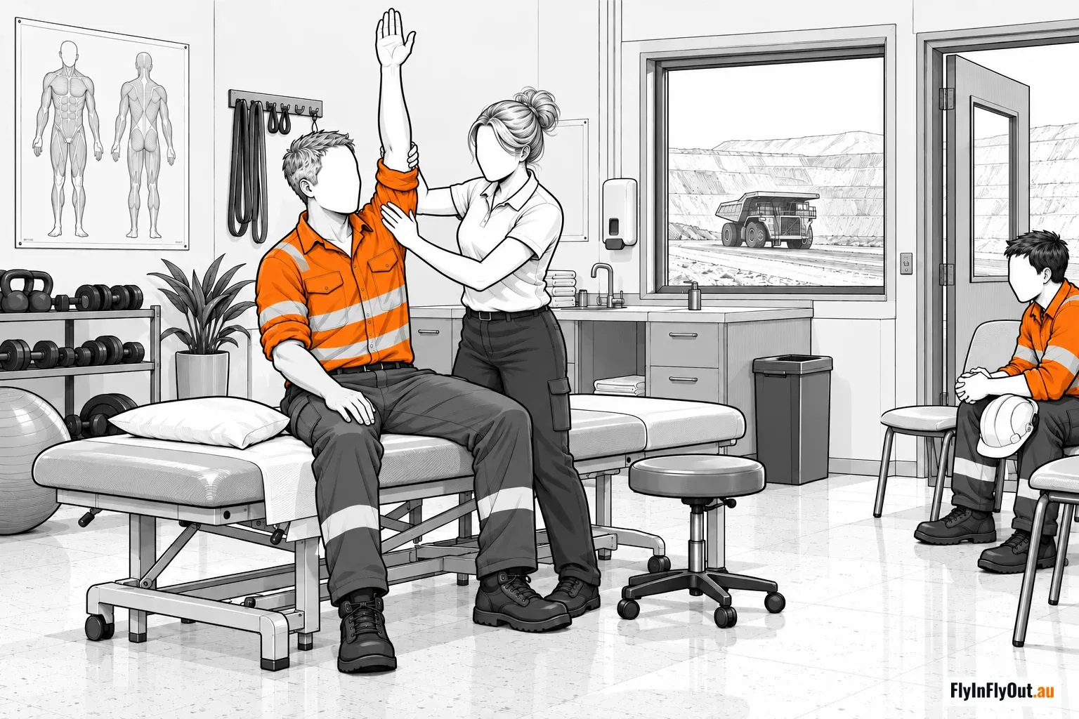 Line drawing of a physiotherapist treating a mine worker's raised shoulder on a treatment bed in a site clinic, with a haul truck visible through the window and another worker waiting