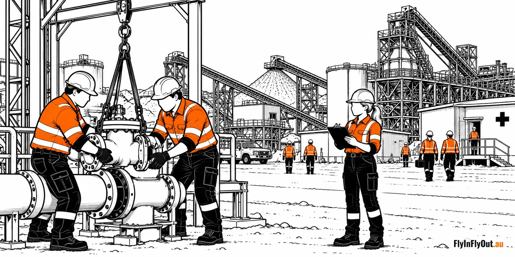 Line drawing of two workers fitting a large valve to a pipe at a processing plant, with a woman holding a clipboard watching and other workers walking toward a first aid building