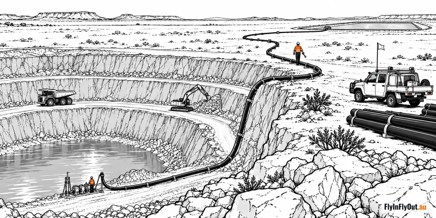 A black poly pipeline runs from a pump at the bottom of an open pit up over the pit wall to a dam on the flat, a plumber walking the line with a ute and pipe lengths behind