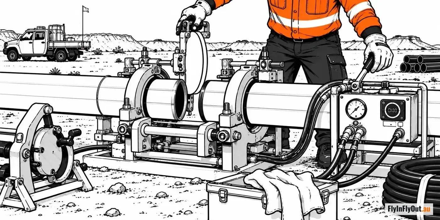 A plumber in orange hi-vis works a poly pipe butt-fusion welding machine on a mine site, the heater plate lifted between two clamped pipe ends and the hydraulic control box beside him