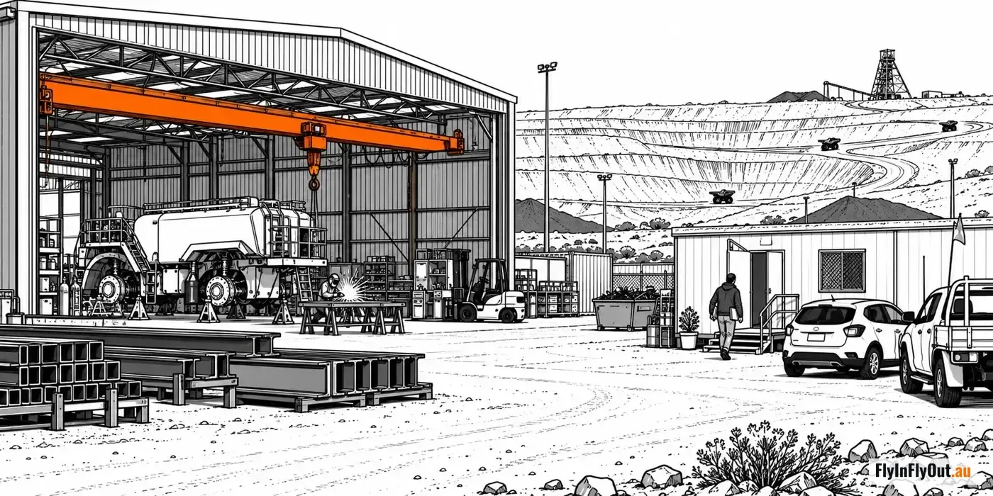 A mine site workshop with a truck tray under an orange overhead crane and a welder at work, an open pit with haul trucks behind, and a worker walking from a ute to the site office donga with a folder