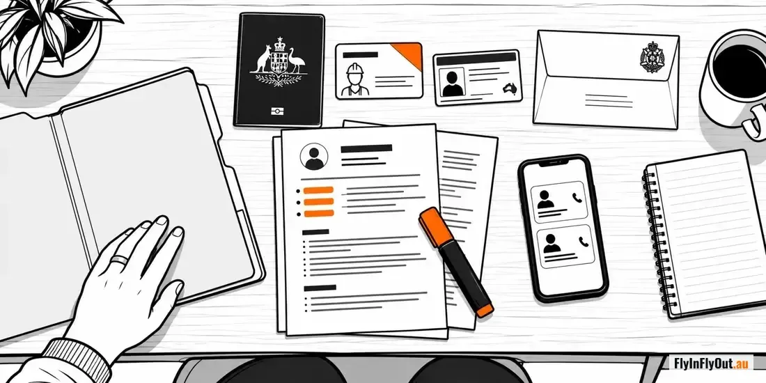 A desk laid out with a passport, a White Card, a driver's licence, a police clearance envelope, a two-page resume with tickets listed at the top, a phone showing two referees and a notebook