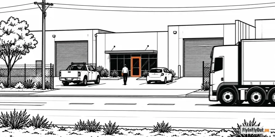 A man with a folder walking into a labour hire office in an industrial estate, ute parked outside, truck passing on the road