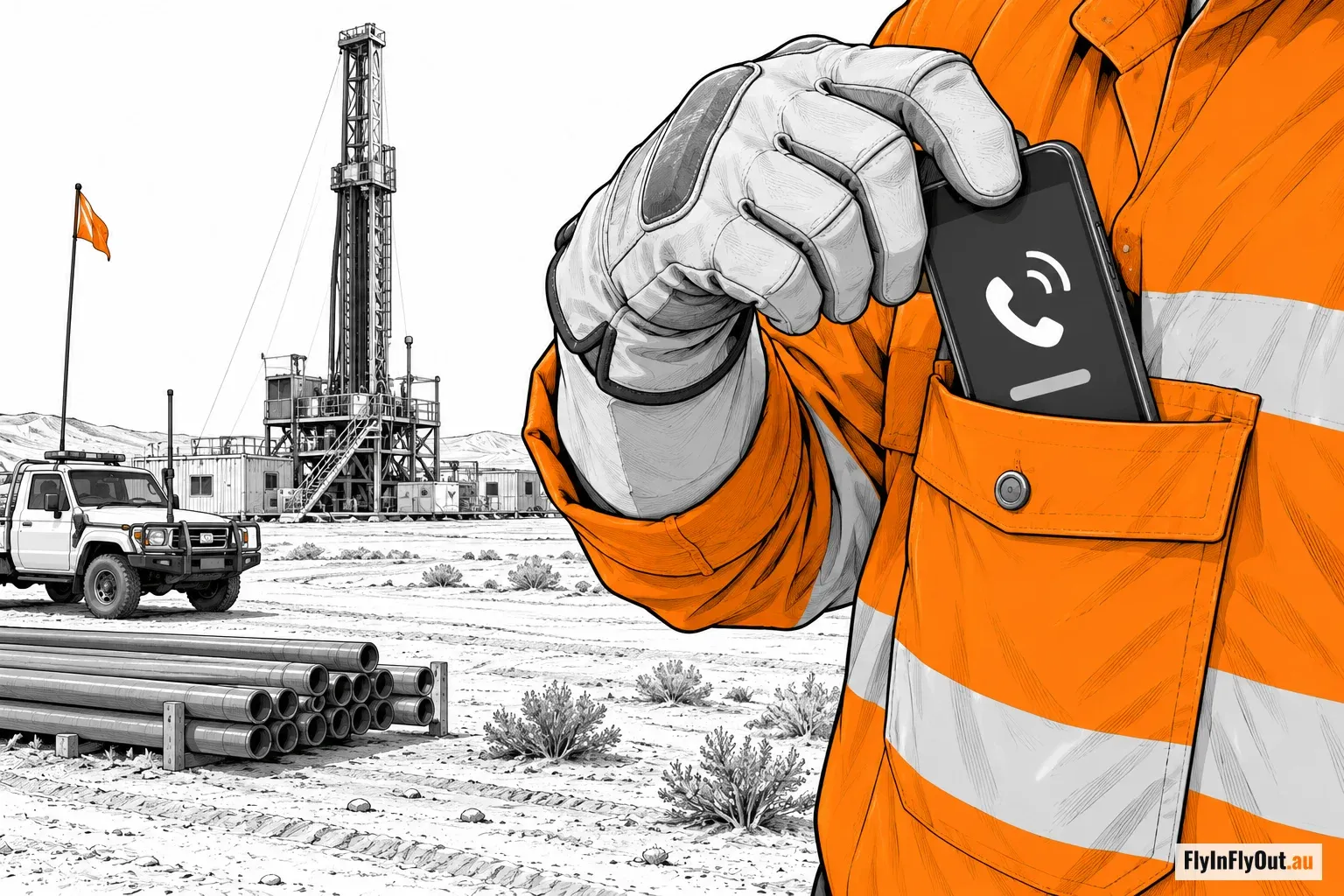 A gloved hand pulling a ringing phone from a hi-vis shirt pocket, a drill rig and camp in the background