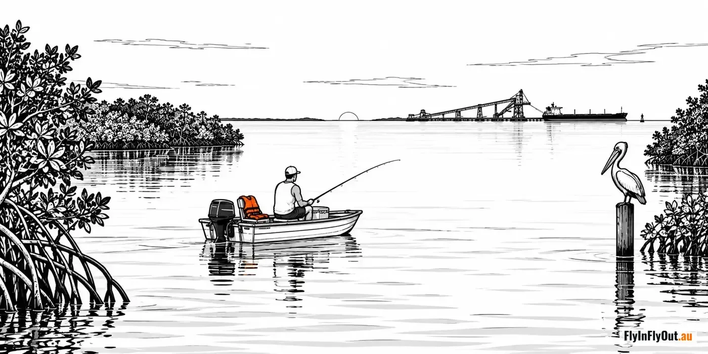 A man fishing from a tinnie among mangroves at dawn, with a pelican on a post and a loaded ore ship at a conveyor wharf on the horizon