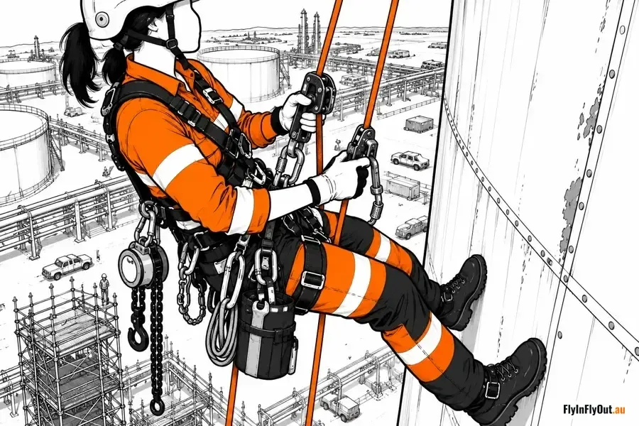 A woman in orange hi-vis and a full harness hangs on two ropes against the side of a steel tank, descender in hand, with a tank farm, scaffold and utes on the ground far below