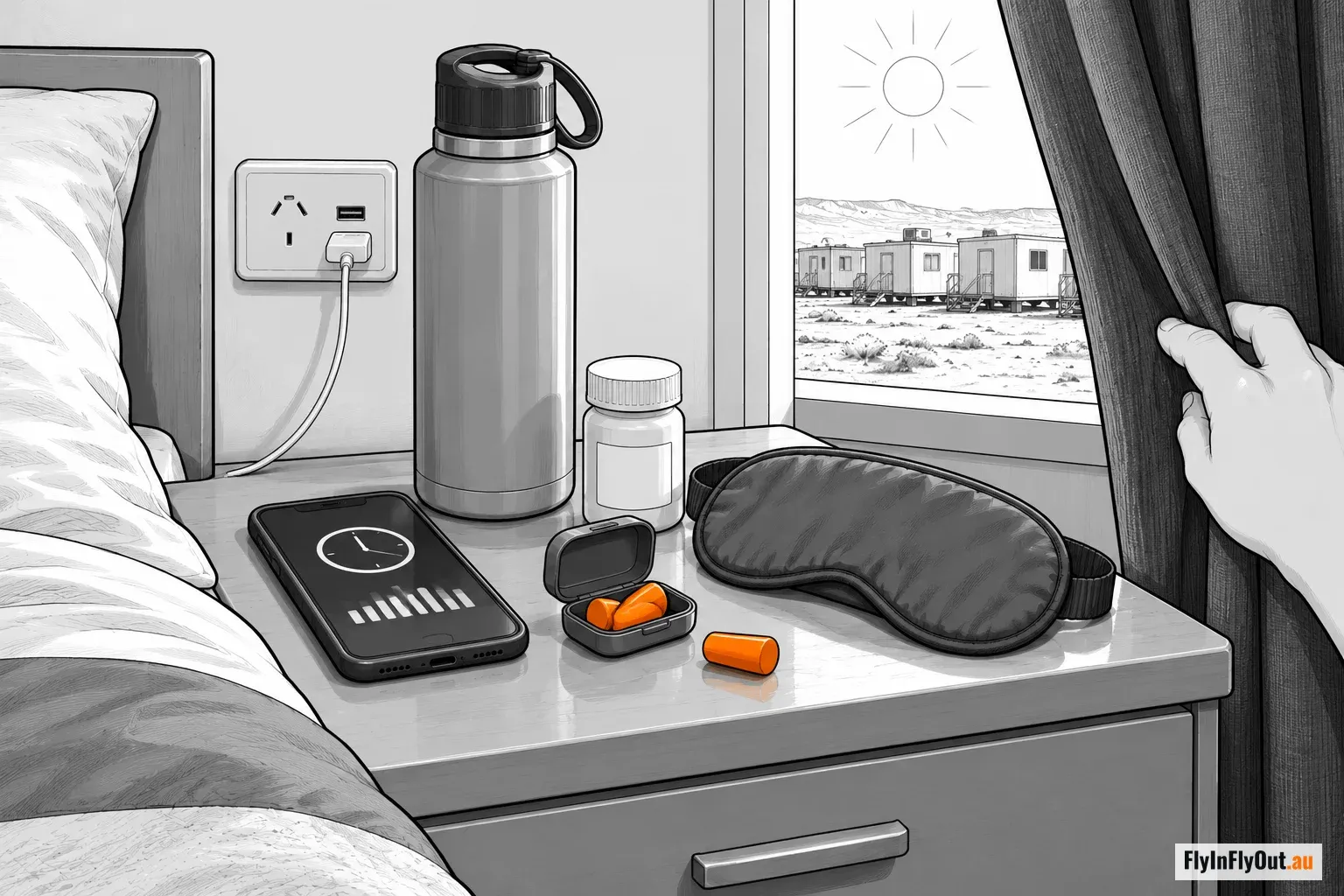 A camp room bedside table with a water bottle, a case of orange earplugs, a sleep mask and a phone showing the time, and a hand drawing the blackout curtain against a bright afternoon outside