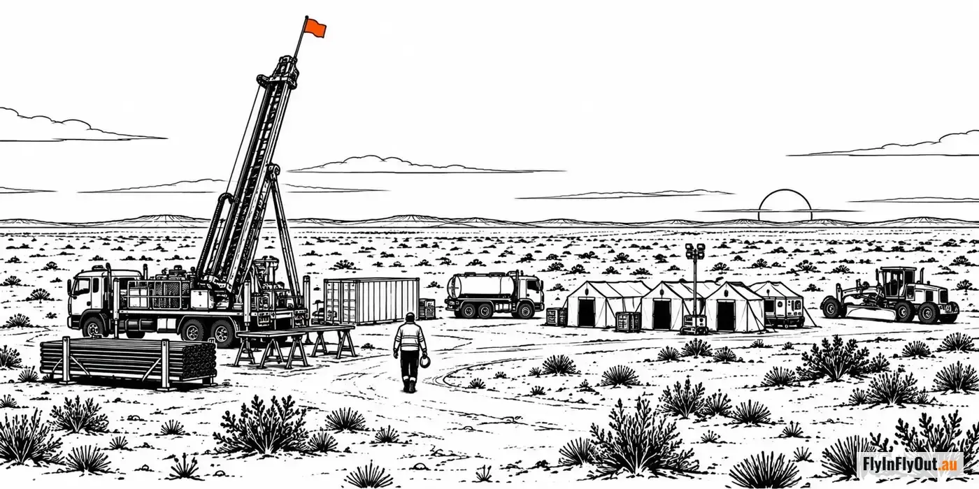 An exploration drill rig with a flag on its mast, a water truck, a grader and a row of tents at a remote camp on flat scrub country, with one worker walking in from the rig at dusk