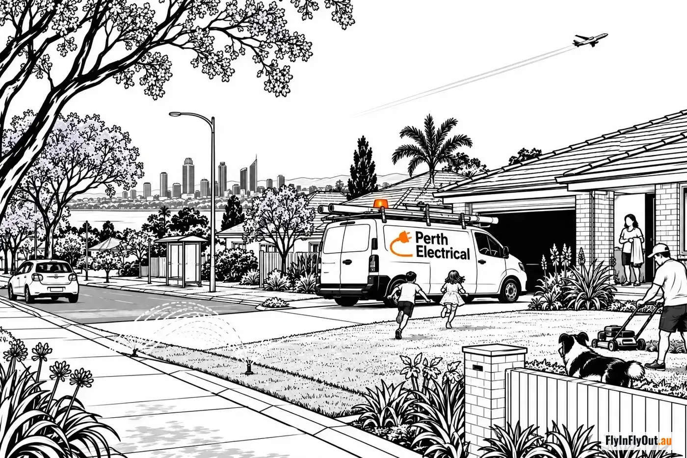 A suburban Perth street with a Perth Electrical van in a driveway, kids running towards it, a man mowing the lawn with a dog beside him and a plane overhead