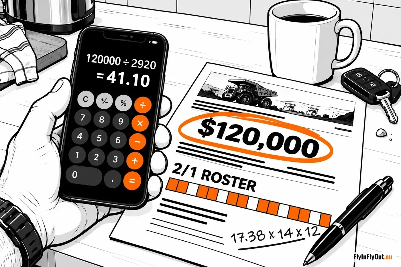 A hand holds a phone calculator reading 120000 divided by 2920 equals 41.10, beside a job ad with $120,000 circled, a 2/1 roster strip and 17.38 x 14 x 12 pencilled underneath