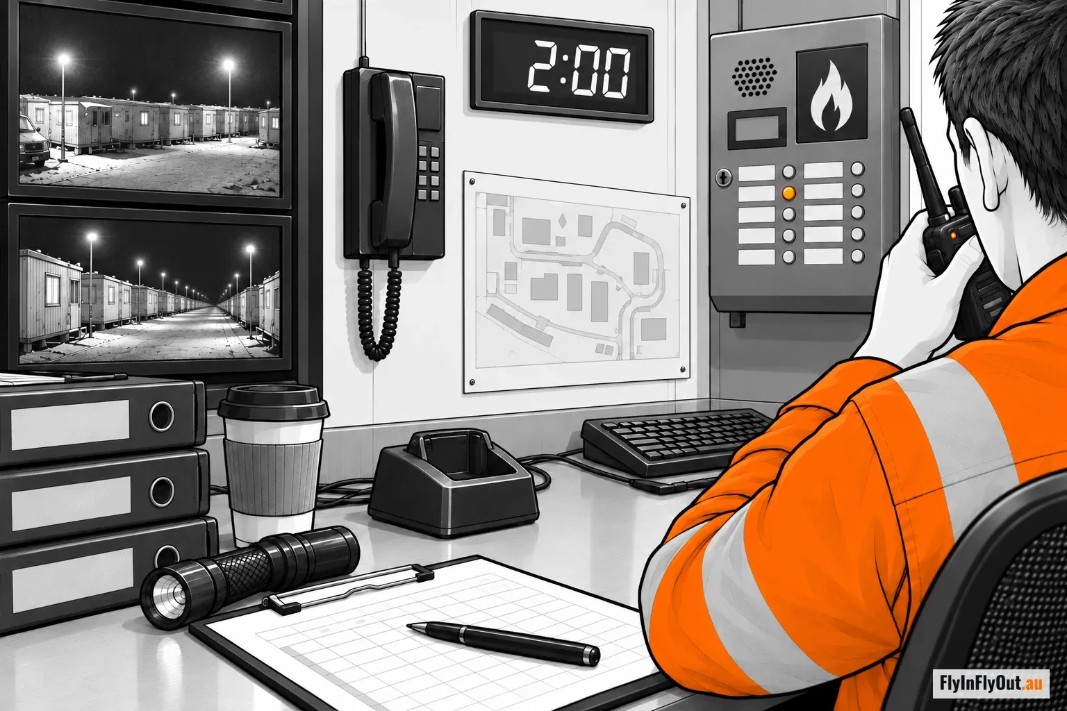 The emergency response room at night: a fire alarm panel with one light lit, a clock reading two, camp CCTV screens, an officer in hi-vis on the radio, a torch, a clipboard and a coffee