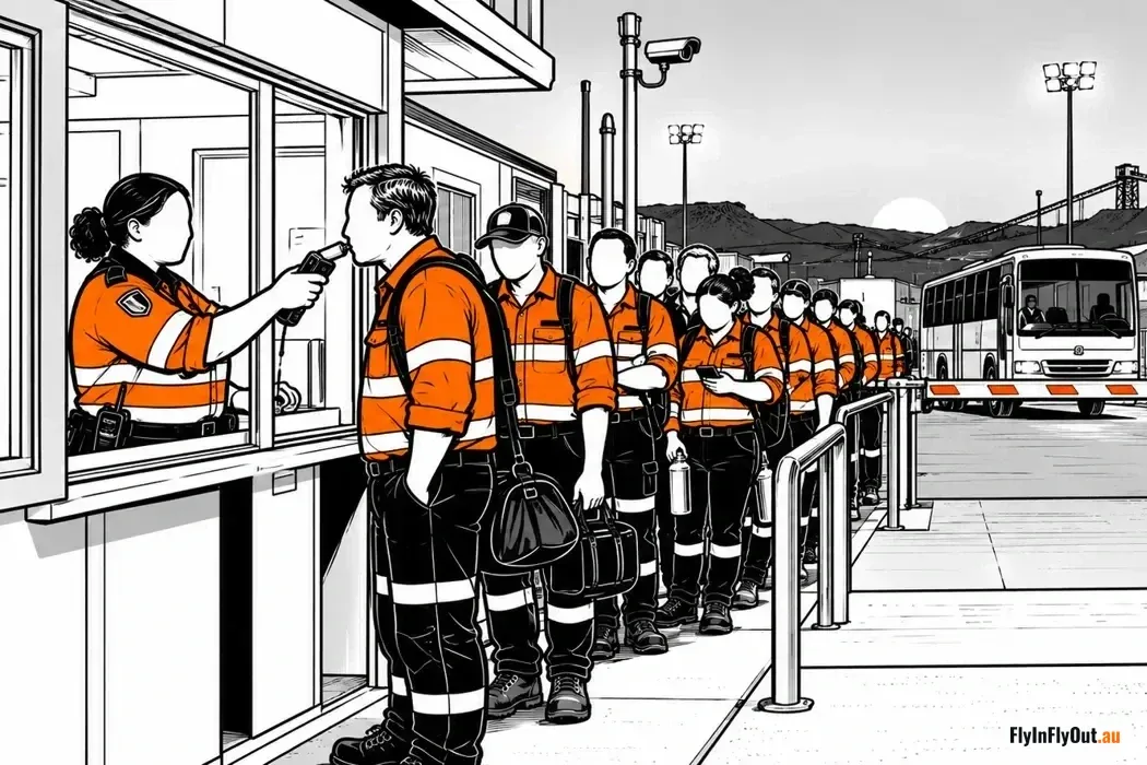 A security officer at a mine gatehouse window at dawn holding a breathalyser to the first worker in a queue of hi-vis crew with kit bags, a bus at the boom gate behind them