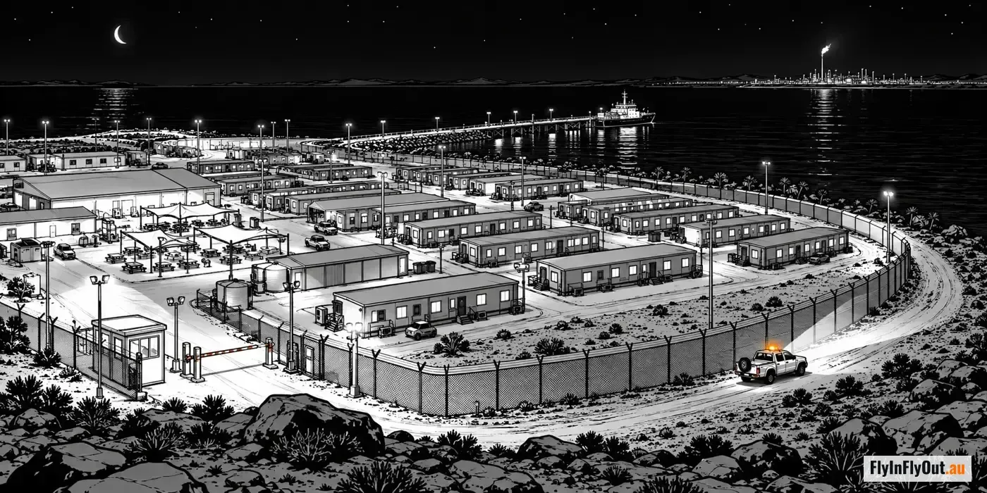 A coastal camp at night from above: rows of lit dongas inside a fence, a gatehouse and boom gate, a patrol ute with its beacon on driving the perimeter track, a jetty and a gas plant flaring across the water